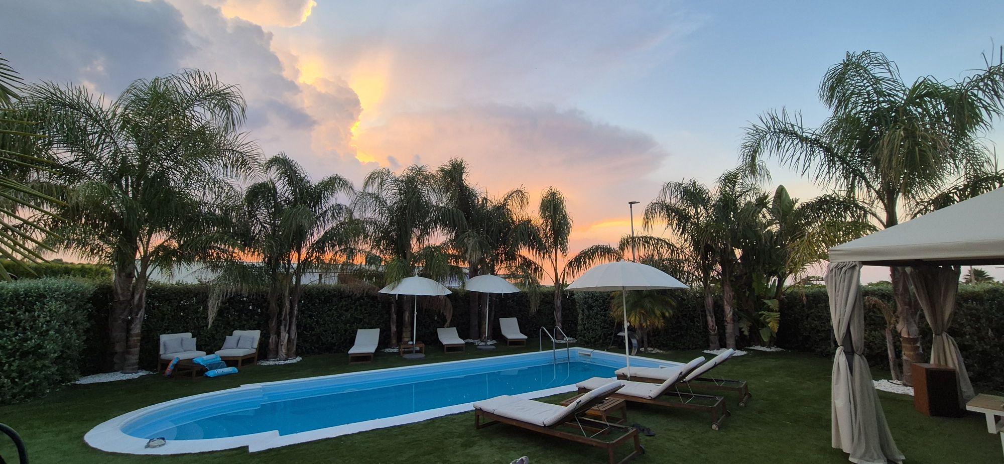 Cielo rosa al tramonto sopra la piscina e le palme
